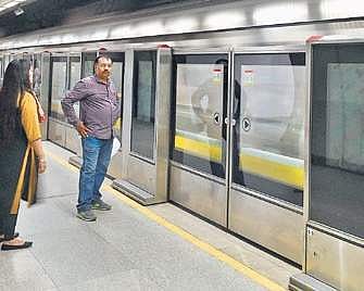 Platform screen doors at a station on the Delhi Metro’s Yellow Line