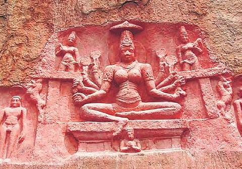 (Above) The sculpture of Goddess Chakreshwari Devi on the Bommalamma Gutta shrine; (right) the new stone-age tools found recently