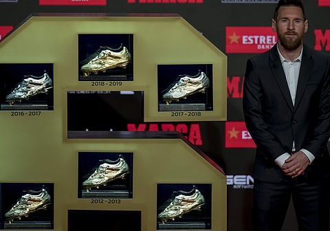 Barcelona's Lionel Messi poses for the media after receiving his 6th Golden Boot award in Barcelona, Spain. ( Photo | AP )