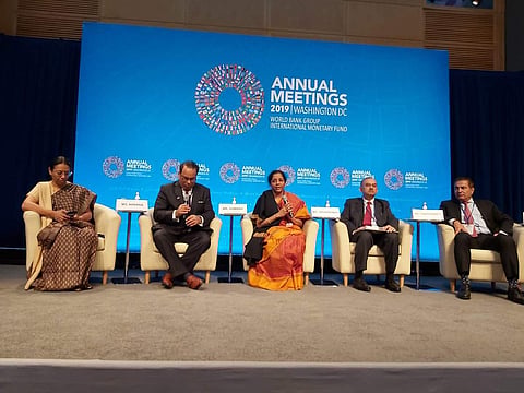 Nirmala Sitharaman addressing Global Investors meet at the International Monetary Fund HQs in Washington DC.
