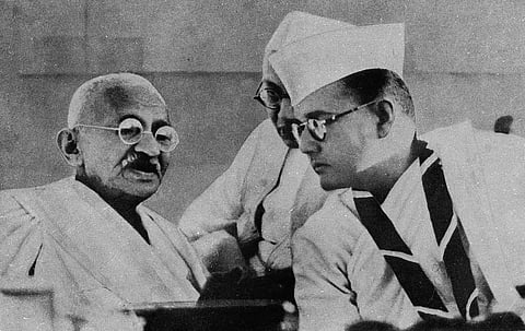 Mahatma Gandhi with Netaji Subhas Chandra Bose during the annual Congress session held at Haripura of Gujarat 1938. (Photo courtesy: National Gandhi Museum)