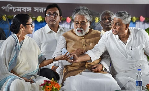 West Bengal Chief Minister Mamata Banerjee Congress MLA Abdul Mannan and TMC MP Sudip Bandyopadhyay during Mahatma Gandhi's 150th birth anniversary celebrations in Kolkata. (Photo | PTI)