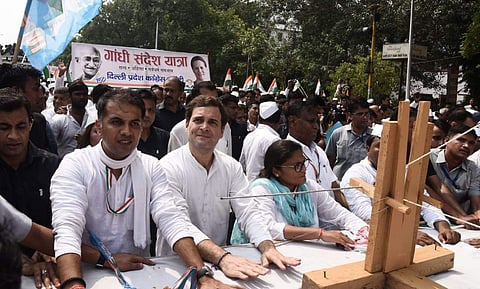 Congress leader Rahul Gandhi walks during Gandhi Sandesh Padyatra on the occassion of the 150th birth anniversary celebration of father of the nation Mahatma Gandhi, from DPCC office towards Rajghat in New Delhi. | (Photo | Parveen Negi/EPS)