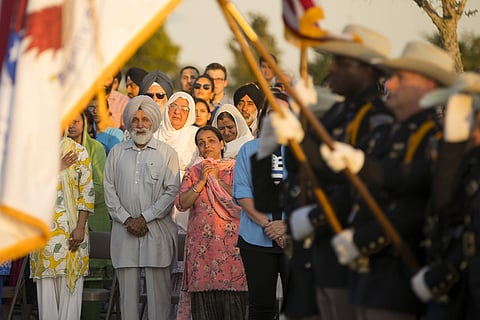 The family of Harris County Deputy Sandeep Dhaliwal watches as an honor guard begins a vigil to honor Dhaliwal at Harris County Deputy Darren Goforth Park in northwest Houston, Monday, Sept. 30, 2019. | (File | AP)