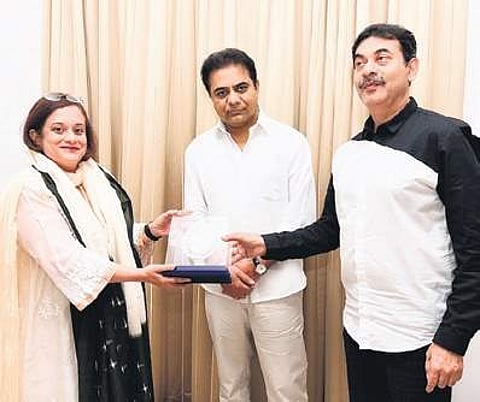 Nasscom president Debjani Ghosh, IT Minister KT Rama Rao and IT secretary Jayesh Ranjan at a meeting on artificial intelligence in Hyderabad on Friday