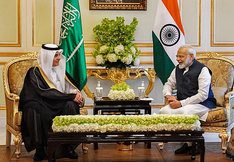 Prime Minister Narendra Modi with Saudi Arabia s Minister of Energy Prince Abdulaziz bin Salman Al Saud during a meeting in Riyadh Saudi Arabia. (Photo | Twitter)