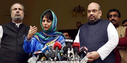 PDP leader Mehbooba Mufti with BJP president Amit Shah (File Photo | PTI)