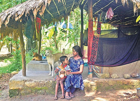 Ajitha D with her younger daughter outside the thatched shed where they live. Her older daughter lives in a hostel in Njaraneeli to complete her education. They sleep along with pets in the shelter | Vincent Pulickal