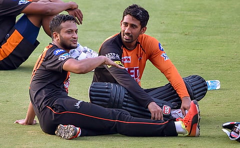 Shakib Al Hasan and Wriddhiman Saha during a Sunrisers Hyderabad practice session| PTI