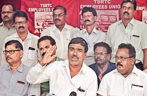 APSRTC JAC and its Telangana counterpart at a press conference at the Employees’ Union office on Tuesday | Vinay Madapu