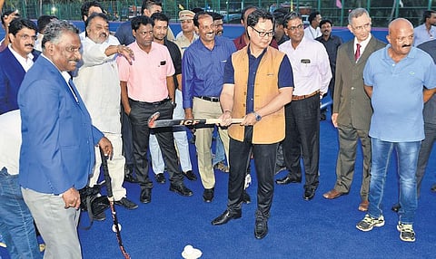Sports Minister Kiren Rijiju (c) during the inauguration of the NPV Ramaswamy Udayar Hockey Centre at SRMC, in Chennai, on Tuesday | D SAMPATHKUMAR