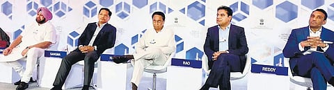 IT Minister KT Rama Rao, second from right, with CMs Amarinder Singh of Punjab, Conrad Sangma of Meghalaya, Kamal Nath of MP and AP Industries Minister Mekapati Goutham Reddy at the India Economic Summit 2019 in New Delhi on Thursday (Photo |EPS)