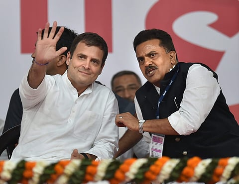 Congress President Rahul Gandhi and Mumbai Congress President Sanjay Nirupam at a rally in Mumbai Friday March 1 2019. (Photo | PTI)