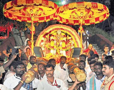 Goddess Kanaka Durga in Sri Maha Lakshmi Devi avatar being taken around in Arjuna Street on Friday as part of the Dasara festivities