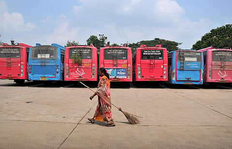 Deserted look of TSRTC Jubilee bus Station (JBS) in Hyderabad on Saturday as employees were on strike demanding the merger of RTC with the government (Express/S Senbagapandiyan)