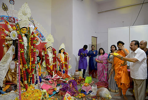 Sadananda Gowda attends Durgashtami celebrations in the Bengali Association on Sunday in Bangalore (Express| Meghana Sastry)