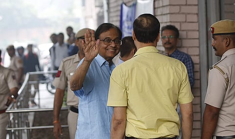 Jailed Congress leader P Chidambaram outside the ED office in New Delhi. (Photo | Arun Kumar, EPS)