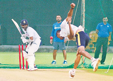 India’s middle-order batsman Ajinkya Rahane trains with a pink ball at the M Chinnaswamy Stadium in Bengaluru on Sunday | Shriram BN