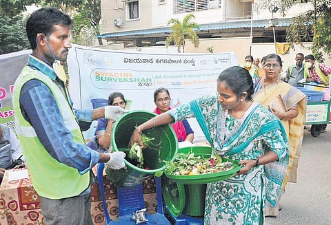 Demonstration of home compost techniques conducted as part of an awareness campaign at Lotus Landmark on Wednesday (Photo | Prasant Madugula, EPS)