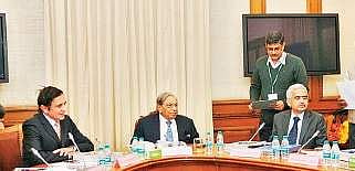 The chairman of Finance Commission, N K Singh (C) with the members holding the first meeting of the Commission in New Delhi. (File Photo)