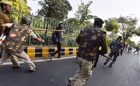 Jawaharlal Nehru University students are baton charged by police during a protest march towards Parliament. (Photo| PTI)