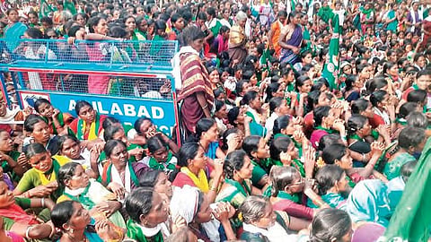 Adivasi women gather in front of the ITDA office in Utnoor demanding the removal of Lambada community from ST category