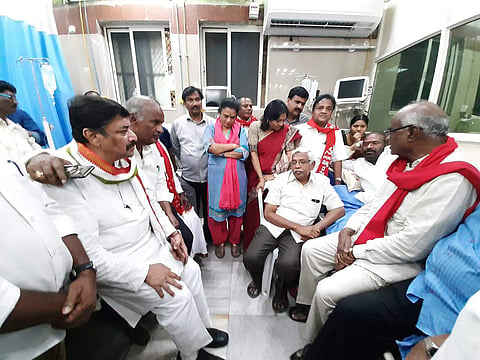 Political party leaders called on TSRTC JAC leader Ashwadhama Reddy at Osmania General hosptial in Hyderabad on Monday| Express
