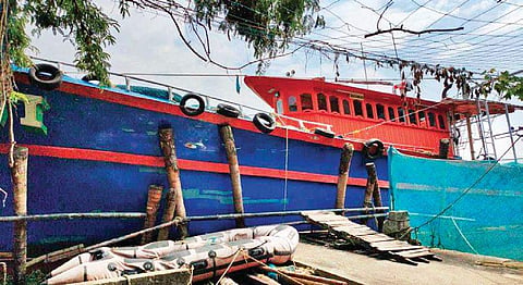 Devi, a fishing boat impounded by the Fisheries Department for juvenile fishing at Munambam harbour on Wednesday