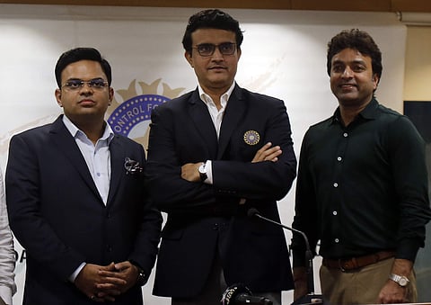 President of the Board of Control for Cricket in India (BCCI) Sourav Ganguly, center, Secretary Jay Shah, left, and Treasurer Arun Dhumal (Photo | AP)