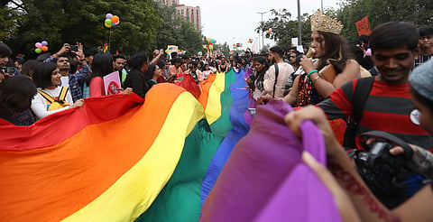 Members and supporters of the lesbian gay bisexual transgender LGBT take part in a pride parade in New Delhi.