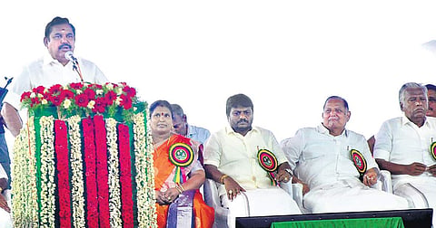 Chief Minister Edappadi K Palaniswami addressing AIADMK cadre at Manjakuppam in Cuddalore on Monday after inaugurating a memorial for freedom fighter SS Ramasamy Padayachiyar (Photo | EPS)