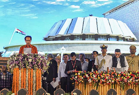 Shiv Sena President Uddhav Thackeray takes oath as the 18th Chief Minister of Maharashtra at Shivaji Park in Mumbai. (Photo | PTI)
