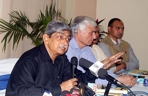 (Left) MANUU Vice Chancellor Mohammad Aslam addressing the media at University Guest House in Hyderabad. (Photo | Sathya Keerthi, EPS)