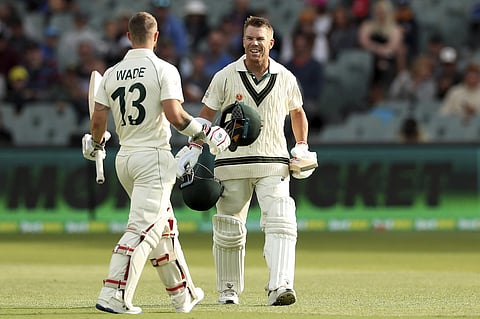 Australia's David Warner celebrates his record 335 not out. (Photo | AP)