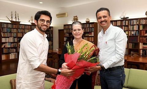 Shiv Sena leader Aaditya Thackeray (L) with Congress President Sonia Gandhi. (File| PTI)