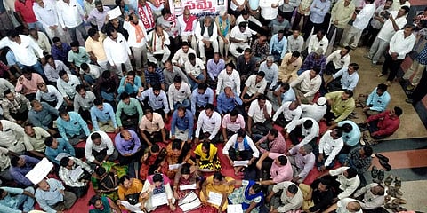 A visual of protesting Telangana State Road Transport Corporation (TSRTC) employees. (Photo | RVK Rao, EPS)