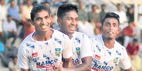 Kerala players celebrate a goal against Andhra Pradesh. (Photo | Manu R Mavelil, EPS)