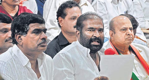 JAC convenor Ashwathama Reddy speaking at the press meet at the employee union office in Hyderabad on Tuesday | S Senbagapandiyan
