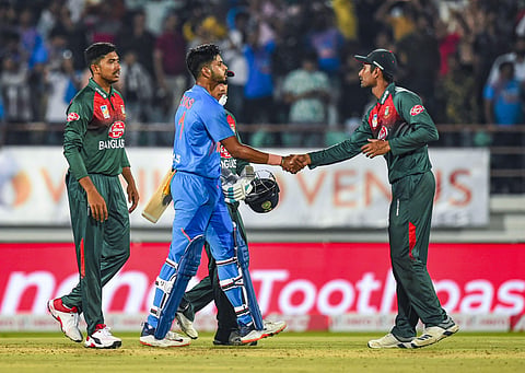 Indian batsman Shreyas Iyer shakes hand with Bangladeshi player Mahmudullah after India's win in the second T20 cricket match against Bangladesh at Saurashtra Cricket Association Stadium in Rajkot Thursday Nov. 7 2019. | (Photo | PTI)