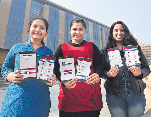(From left) Paridhi Lohani, Rupal Jani and Tanya Budhiraja, the brains behind the ‘Bware’ app| Arun Kumar