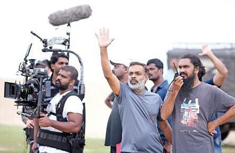 Sanal (first from right) on the set of Chola. (Photo |EPS)