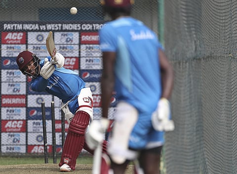 West Indies' Shai Hope bats in the nets during a training session. (Photo | AP)