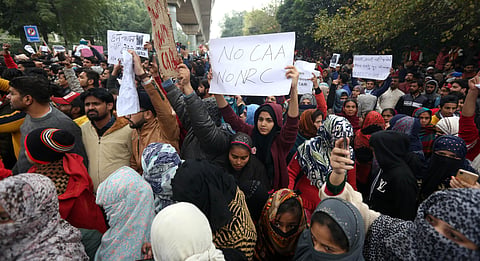 Jamia Millia Islamia university Students gather for a protest against the Citizenship Amendment Act CAA and Sundays alleged police crackdown in the University in New Delhi on Monday December 16 2019. (Photo | Shekhar Yadav/EPS)