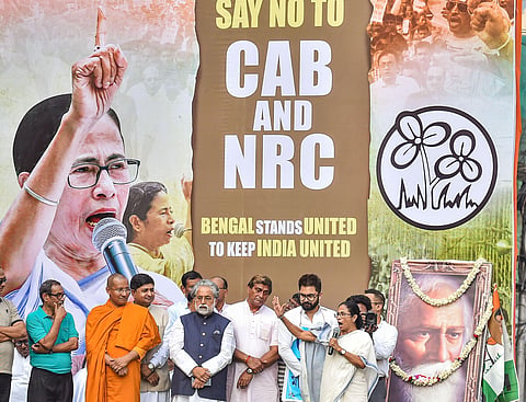West Bengal Chief Minister Mamata Banerjee addresses a protest rally against NRC and Citizenship Amendment Act in Kolkata. (Photo | PTI)