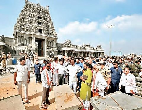 Chief Minister K Chandrasekhar Rao inspects the ongoing renovation works at Yadadri Lakshmi Narasimha Swamy temple on Tuesday