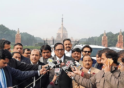 BSP MP Satish Chandra Mishra addresses the media after meeting with President Ram Nath Kovind on Citizenship Amendment Act in New Delhi on Wednesday. (Photo | Shekhar Yadav/EPS)