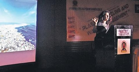 Paterson Energy MD Vidya Amarnath addressing a seminar on conversion of plastic waste in the city on Tuesday. (Photo | P Ravindra Babu/EPS)