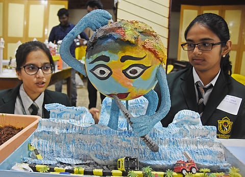 Students display projects at a science exhibition on Tuesday. (Photo | P Ravindra Babu/EPS)