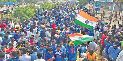 People gather outside ACA VDCA cricket stadium in Visakhapatnam on Wednesday. (Photo |EPS)