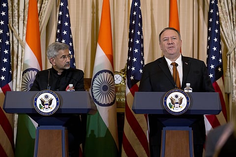 Secretary of State Mike Pompeo accompanied by Indian External Affairs Minister Dr. S. Jaishankar speaks during a news conference after a bilateral meeting the U.S. and India at the Department of State in Washington, Wednesday, Dec. 18, 2019. (Photo | AP)